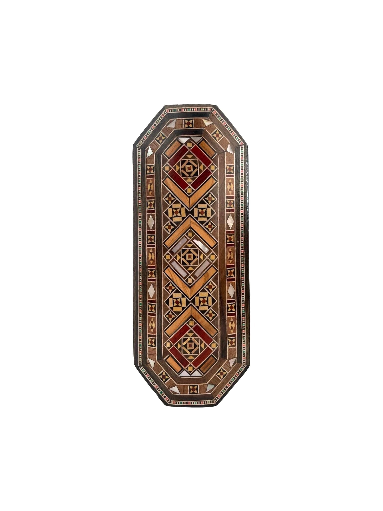 Boîte de rangement bureau octogonale en bois et nacre, incrustée à la main | Mosaïque Syrienne | Taille 20.2 × 8.3 × 6 cm