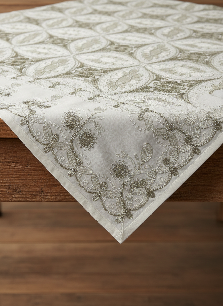 White tablecloth and 4 cotton napkins – Traditional Syrian embroidery – Aghabani