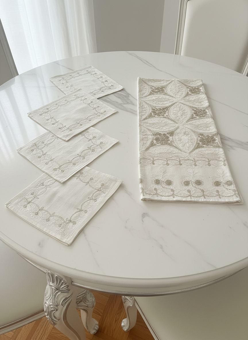 White tablecloth and 4 cotton napkins – Traditional Syrian embroidery – Aghabani