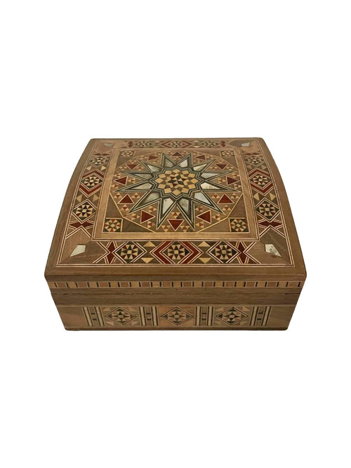 15 × 15 × 6.5 cm | Coffret traditionel carré bombé en bois et nacre, réalisées à la main | Mosaïque Syrienne