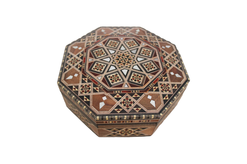 Boîte à bijoux tendance octogonale plane en bois et nacre, incrustée à la main | Mosaïque Syrienne | Taille 21.5 * 21.5 * 7 cm