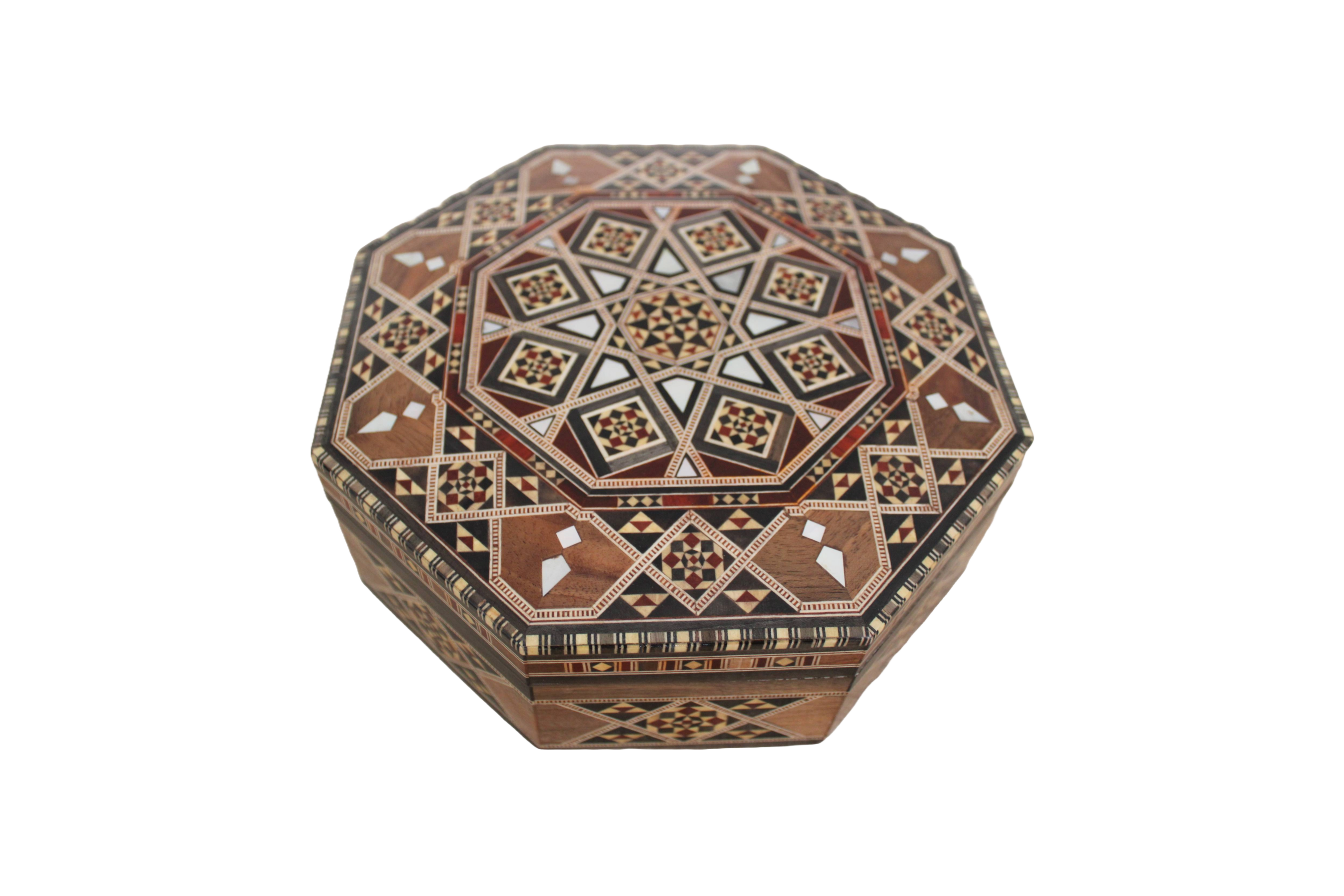 Boîte à bijoux tendance octogonale plane en bois et nacre, incrustée à la main | Mosaïque Syrienne | Taille 21.5 * 21.5 * 7 cm