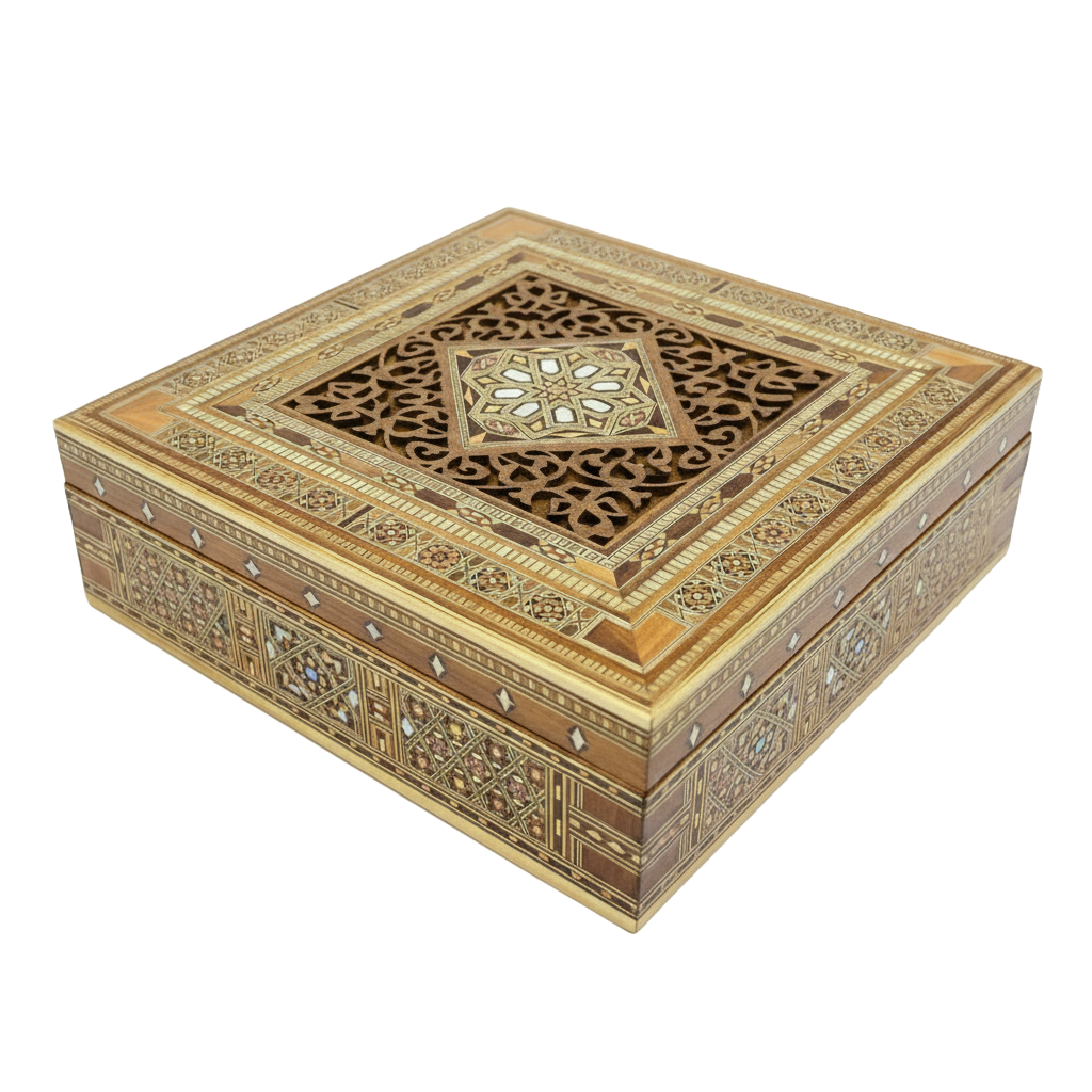 35.5 × 35.5 × 7.9 cm | Grand Coffret décoratif carré en bois et nacre, incrustée à la main | Mosaïque Syrienne