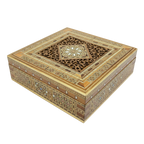 35.5 × 35.5 × 7.9 cm | Grand Coffret décoratif carré en bois et nacre, incrustée à la main | Mosaïque Syrienne