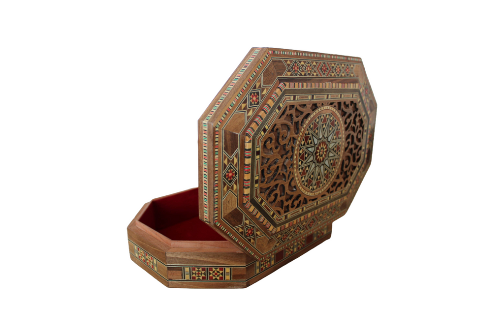 31.5 × 21 × 7 cm | Boîte à bijoux Octagonal tendance en bois et nacre, réalisées à la main | Mosaïque Syrienne