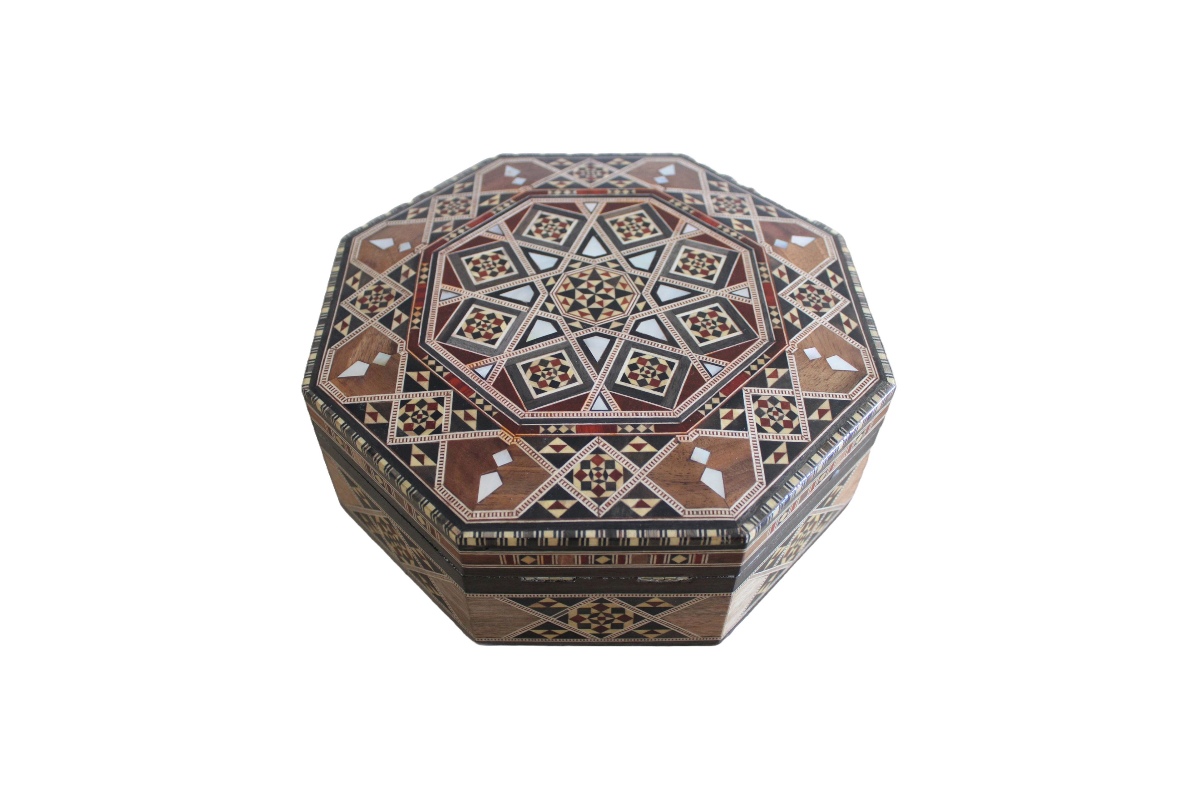 Boîte à bijoux tendance octogonale plane en bois et nacre, incrustée à la main | Mosaïque Syrienne | Taille 21.5 * 21.5 * 7 cm