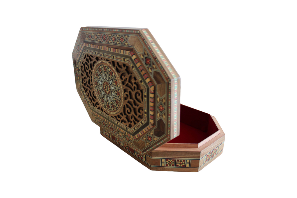 31.5 × 21 × 7 cm | Boîte à bijoux Octagonal tendance en bois et nacre, réalisées à la main | Mosaïque Syrienne