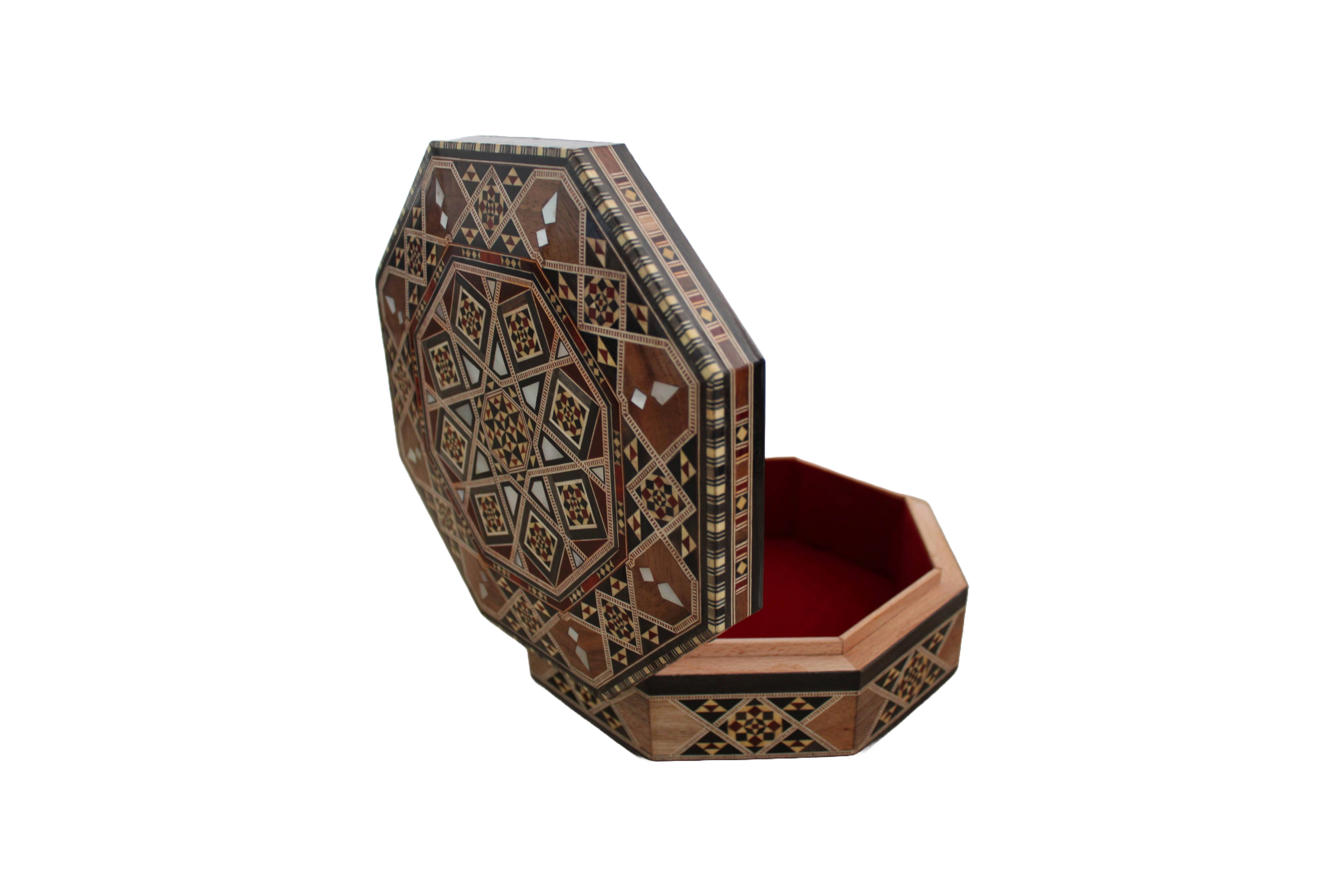 Boîte à bijoux tendance octogonale plane en bois et nacre, incrustée à la main | Mosaïque Syrienne | Taille 21.5 * 21.5 * 7 cm