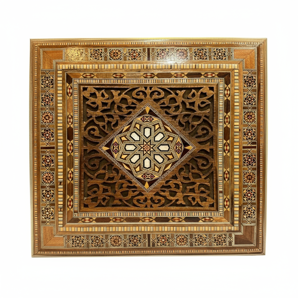 35.5 × 35.5 × 7.9 cm | Grand Coffret décoratif carré en bois et nacre, incrustée à la main | Mosaïque Syrienne