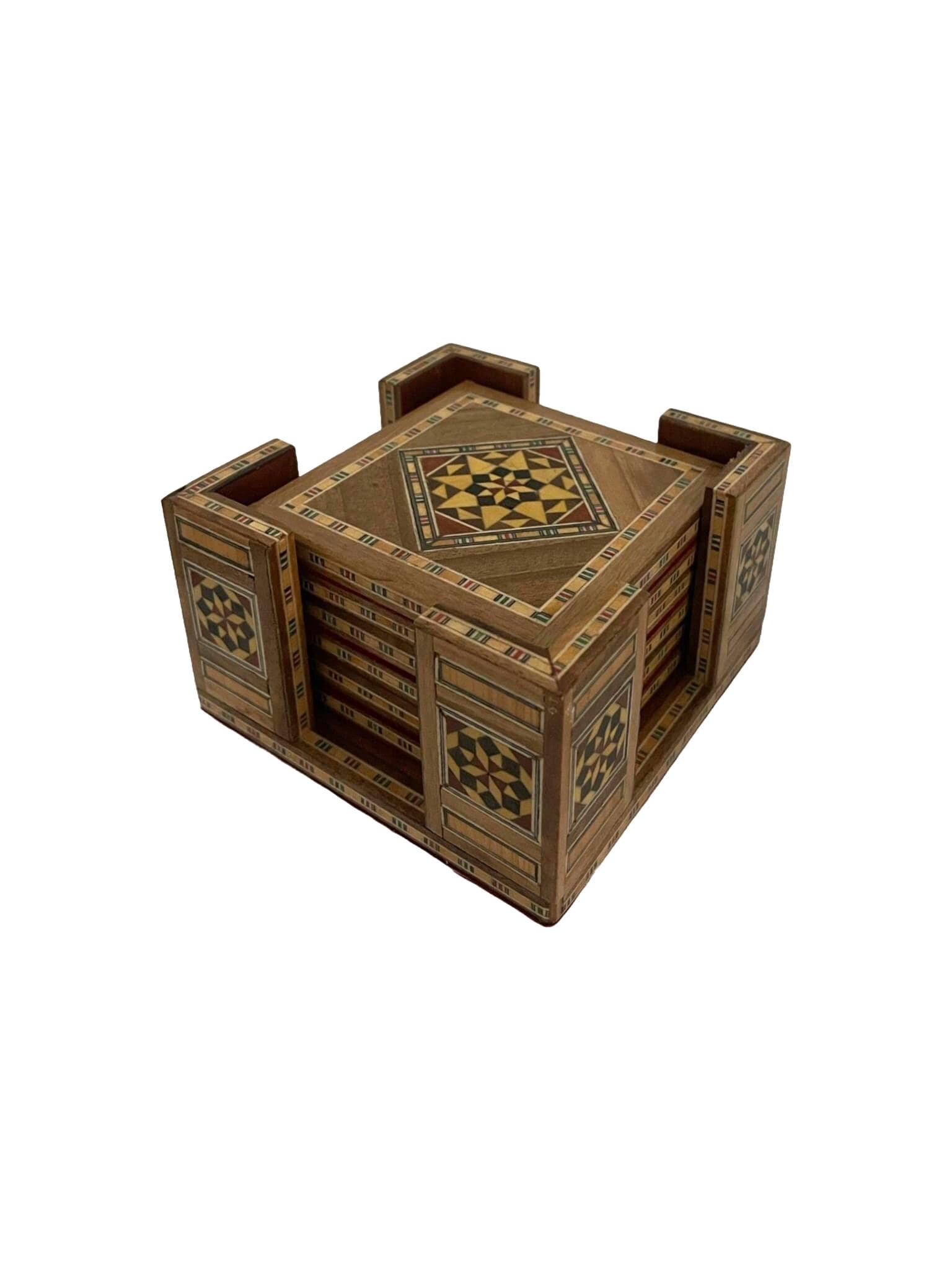 Lot de 6 paires (8,5 x 8,5 cm) de Sous-verres carrés en bois faits main | Artisanat Syrien