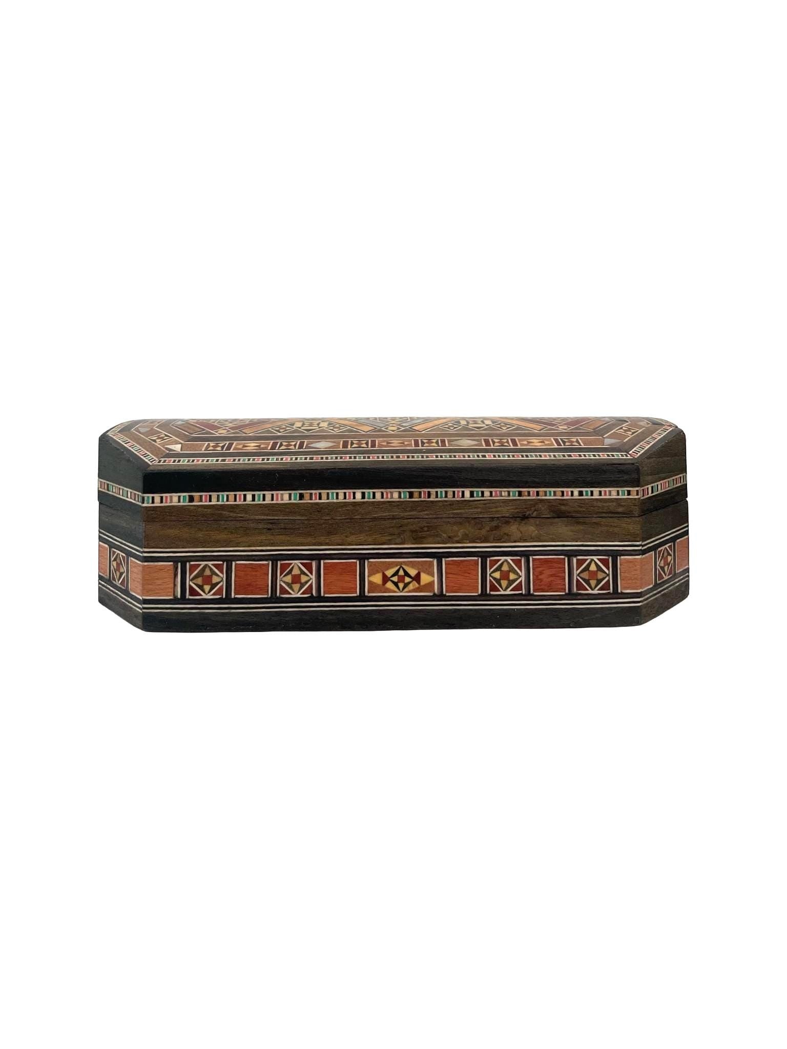 Boîte de rangement bureau octogonale en bois et nacre, incrustée à la main | Mosaïque Syrienne | Taille 20.2 × 8.3 × 6 cm