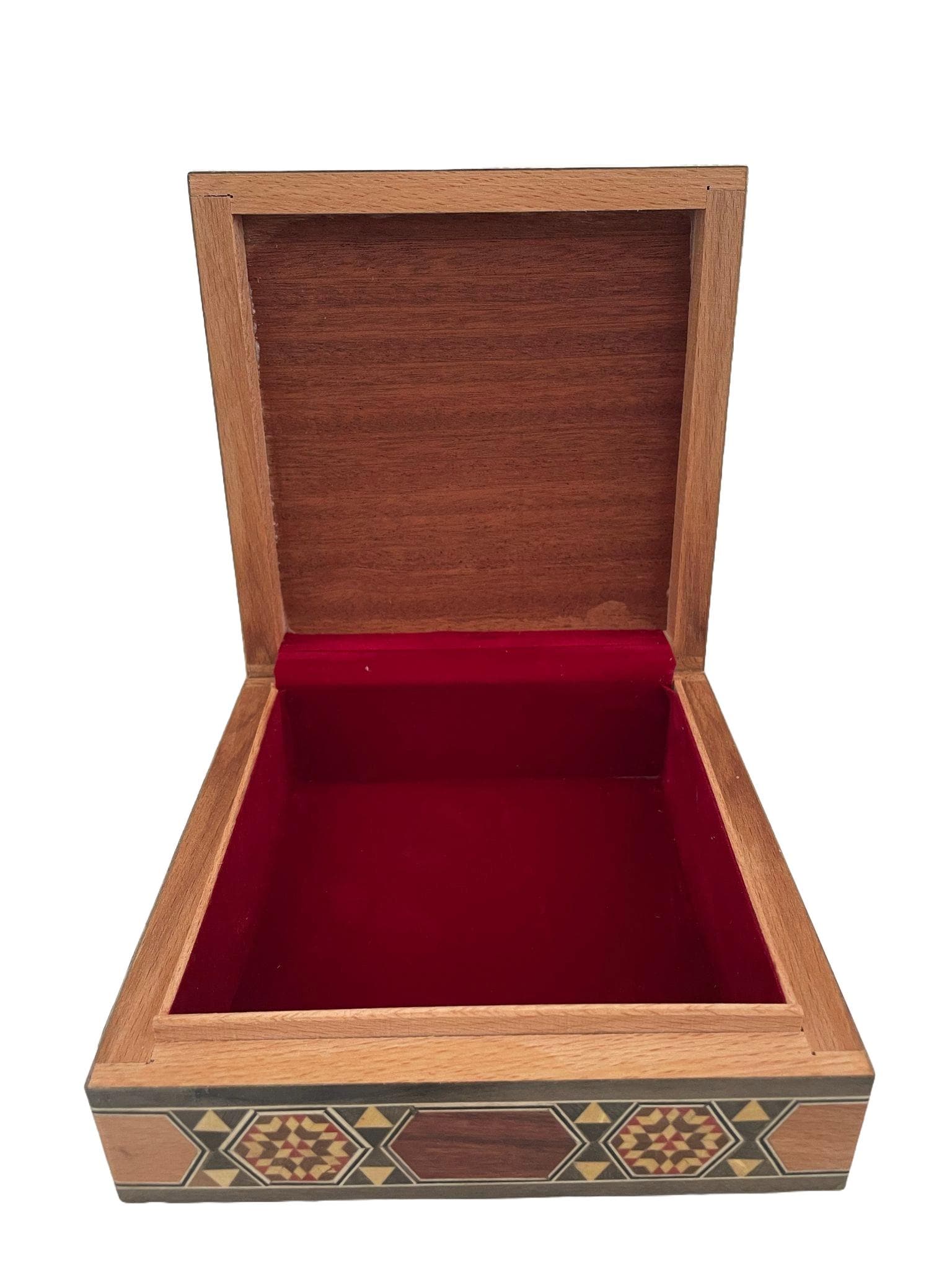 16 × 16 × 6 cm | Boîte à bijoux carrée en bois et du nacre incrustée à la main | Mosaïque Syrienne | Taille Moyenne